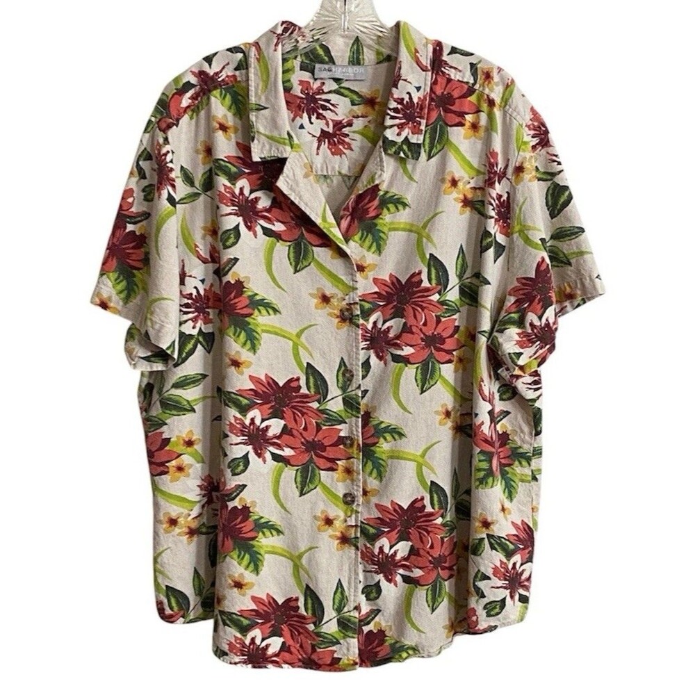 Sag Harbor Sport Womens Size 3X Blouse Top Beige Red Green Tropical Resort Chic